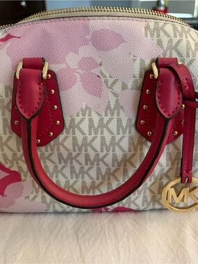 Michael Kors Pink Floral MK Signature Satchel with Gold Hardware